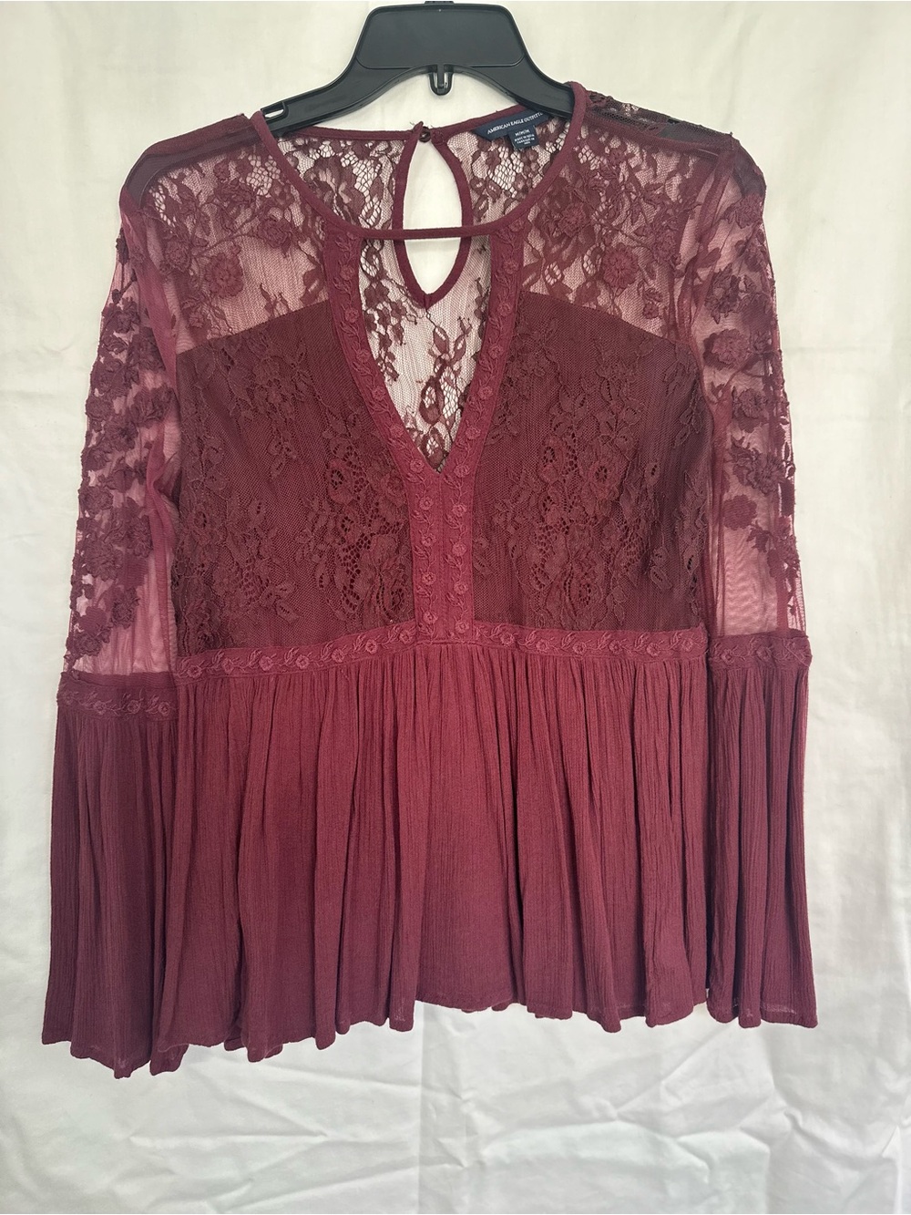 American Eagle Women's Lace Peplum Blouse - Burgundy